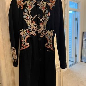 Johnny Was Black Trench Coat With Colorful Embroidery